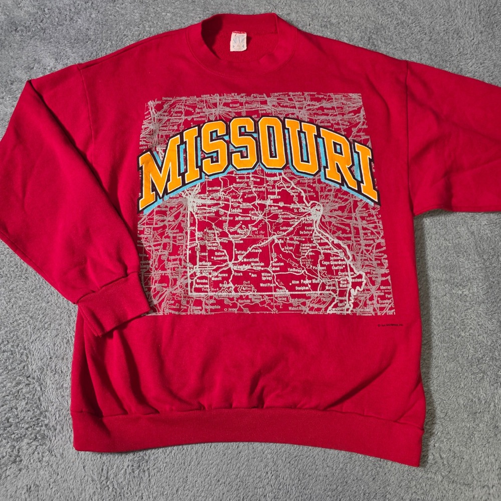Sun Sportswear Mens XL Missouri Map Sweatshirt Red Vintage 90s USA Made Graphic